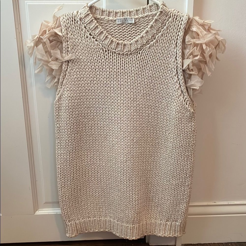 BRUNELLO CUCINELLI Beige Knit Top with Ruffle Accents